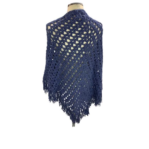 Vintage Crochet Shawl Sparkle Blue Fringed Hand Crocheted - Picture 2 of 4
